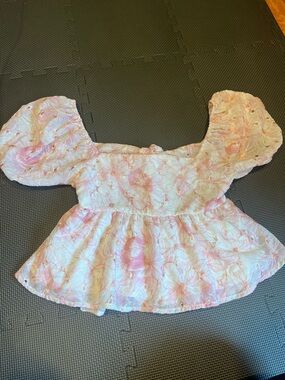 Altar'd State Pink & White Eyelet Puff-Sleeve Peplum Top